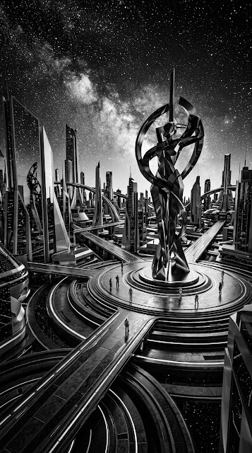 Surreal Monochromatic Sci-Fi Cityscape Under Stars - Free mobile Wallpaper