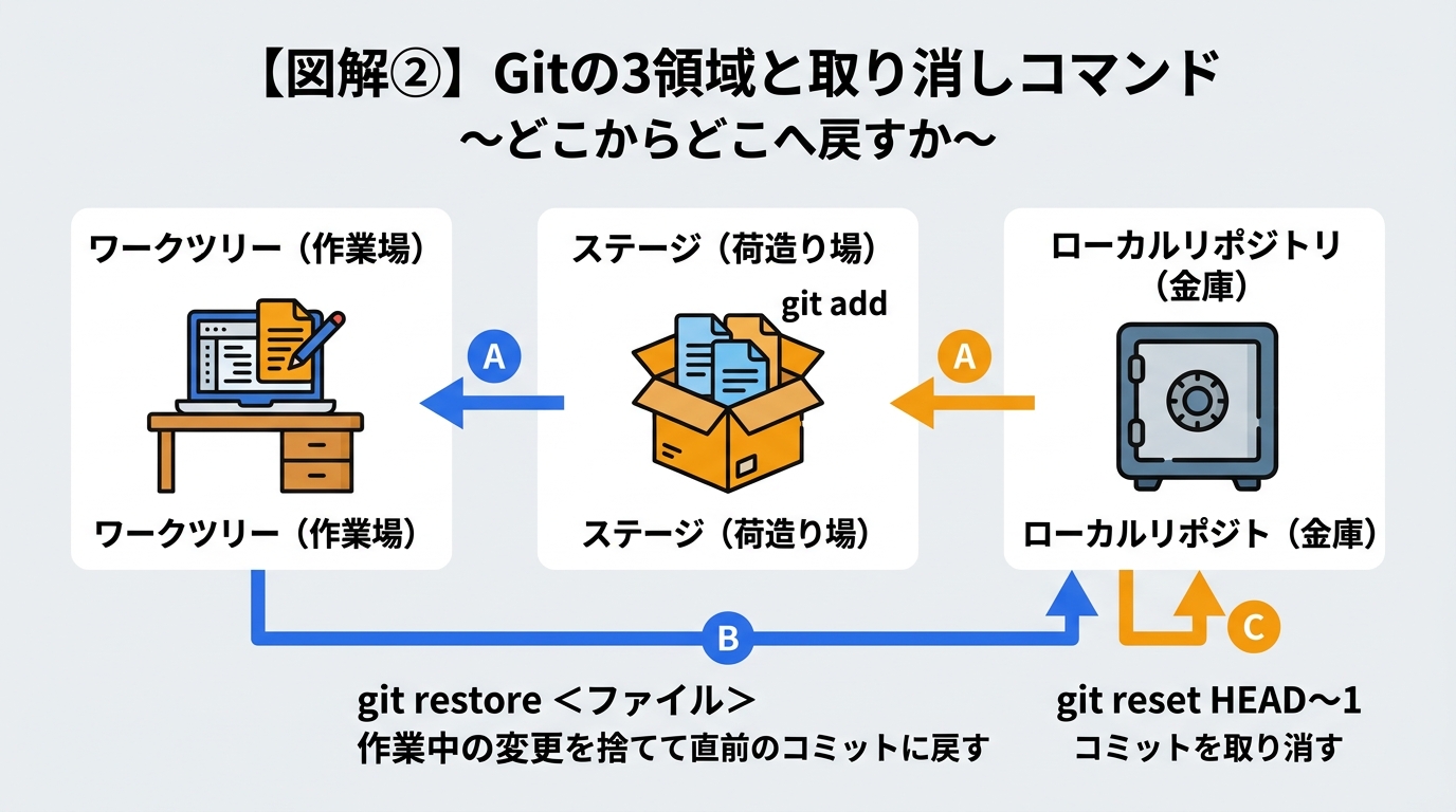 Gitの3つの領域に応じた取り消しコマンドマップ