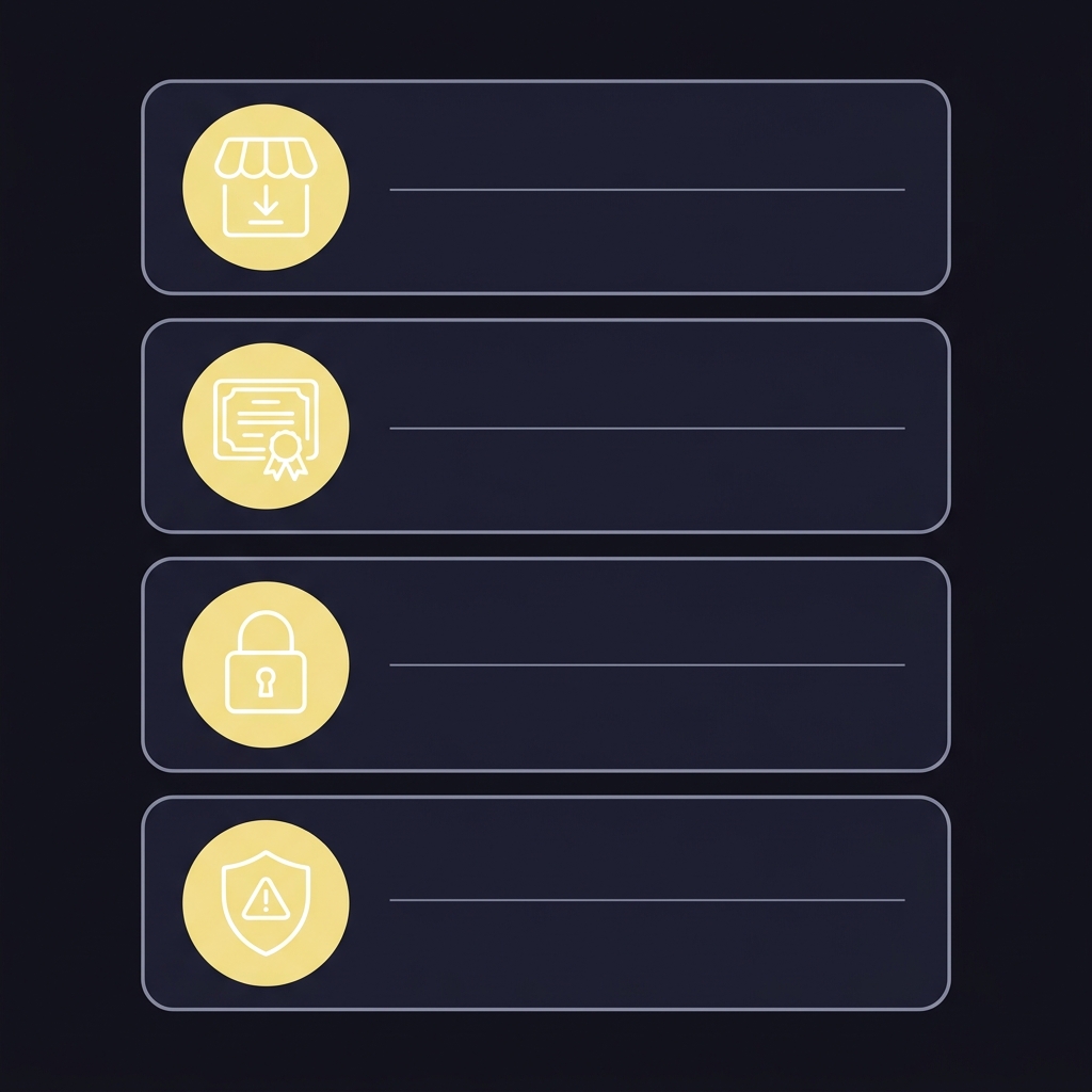 Minimalist 2D vector checklist illustrating steps to verify a fake betting app with app store icon regulator register badge HTTPS padlock and reporting shield on a dark Funded Plays style background