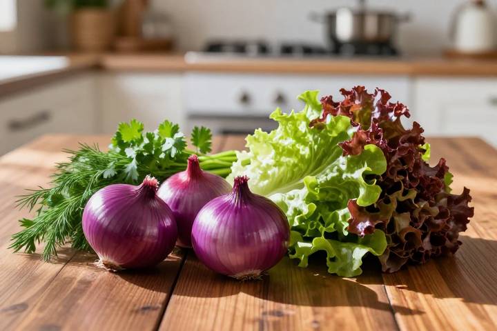 مكونات خضراء وبصل أحمر غني بمضادات الأكسدة