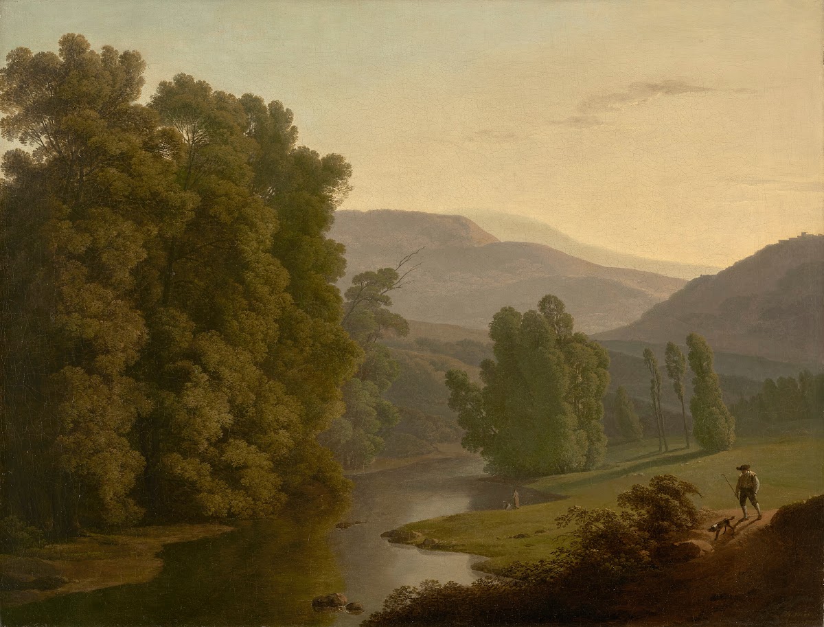 A landscape with figures by a river and mountains in the distance 1794