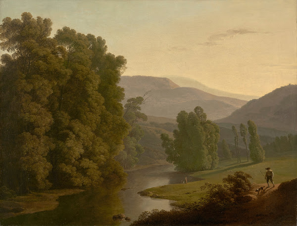A landscape with figures by a river and mountains in the distance 1794