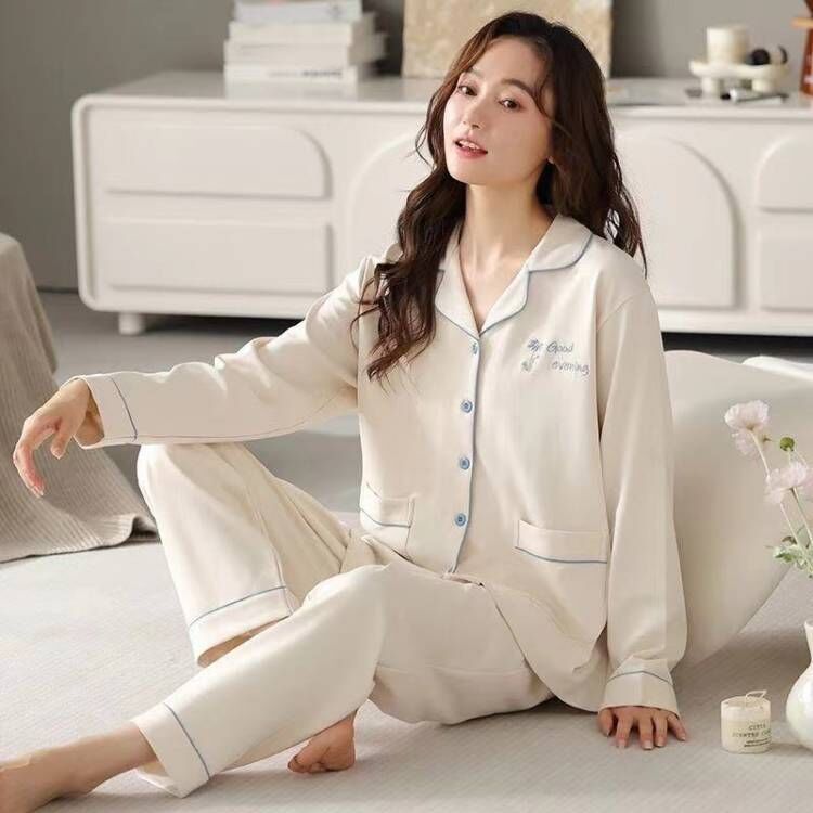 Damen-Pyjama-Set, 100% Baumwolle, langärmelig