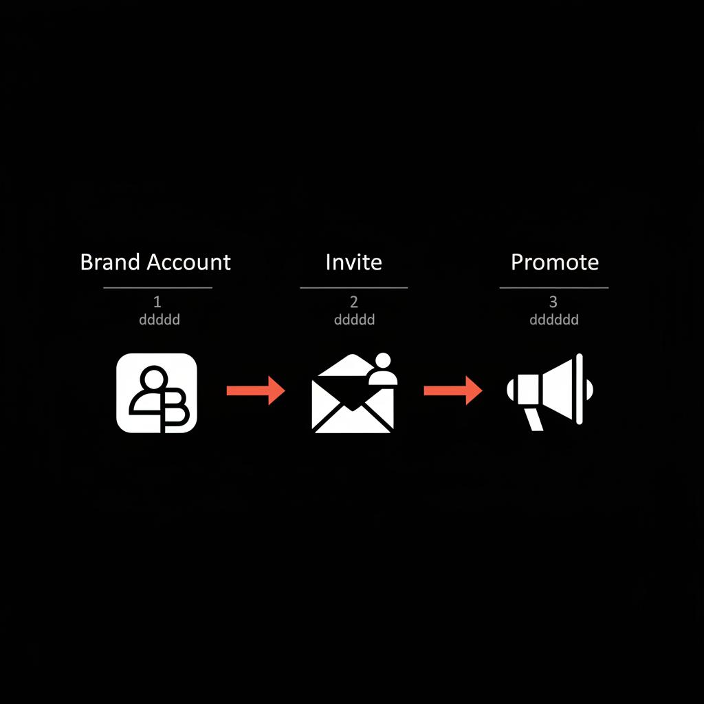 Minimal full-frame infographic showing three-step flow Brand Account → Invite → Promote for how to change YouTube channel owner, black background #000000, accent #dc5c2b, font #edf1e9