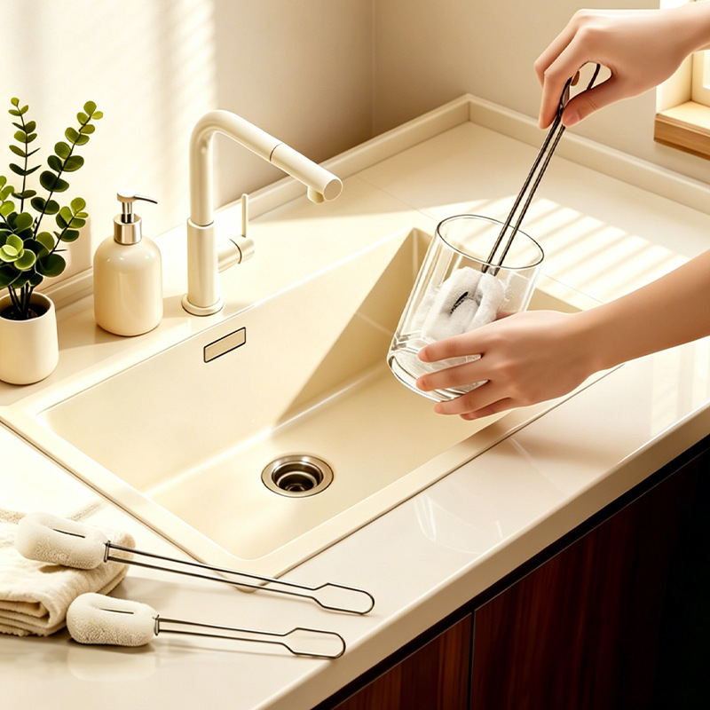 Long-handled stainless steel brush with sponge
