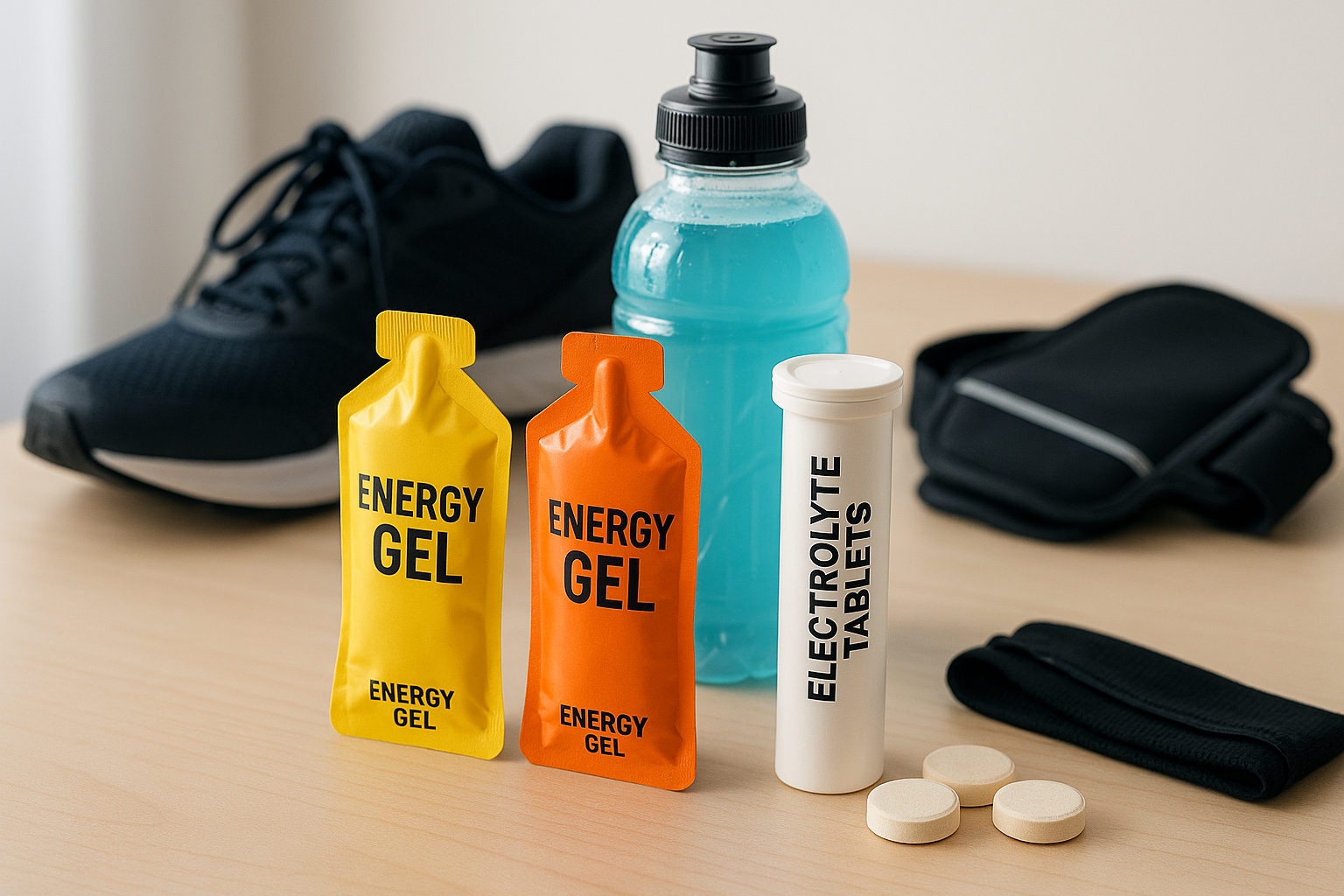 Geles y bebida deportiva sobre una mesa