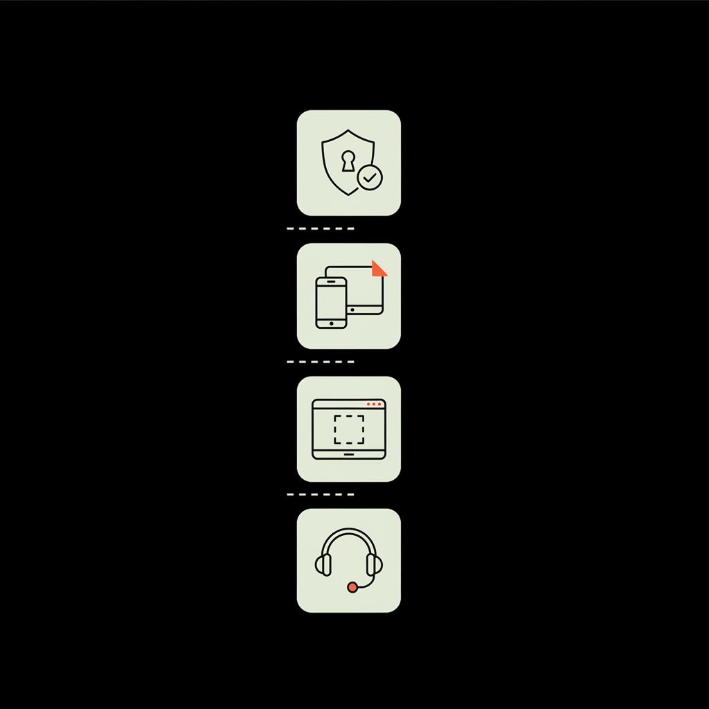 Minimal 2D vector infographic showing a four-step icon checklist—account check, switch device, screenshot capture, contact support—for the article 'Can you remove your own reviews?'