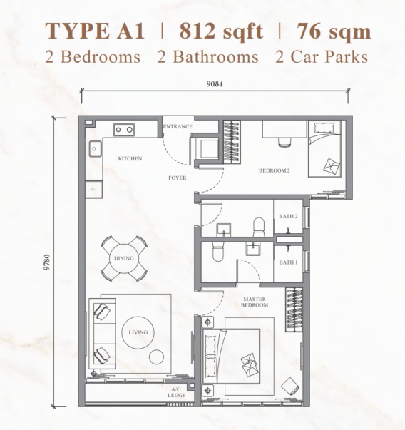 River Park Type A1 floor plan — 812 sq ft, 2 bedrooms