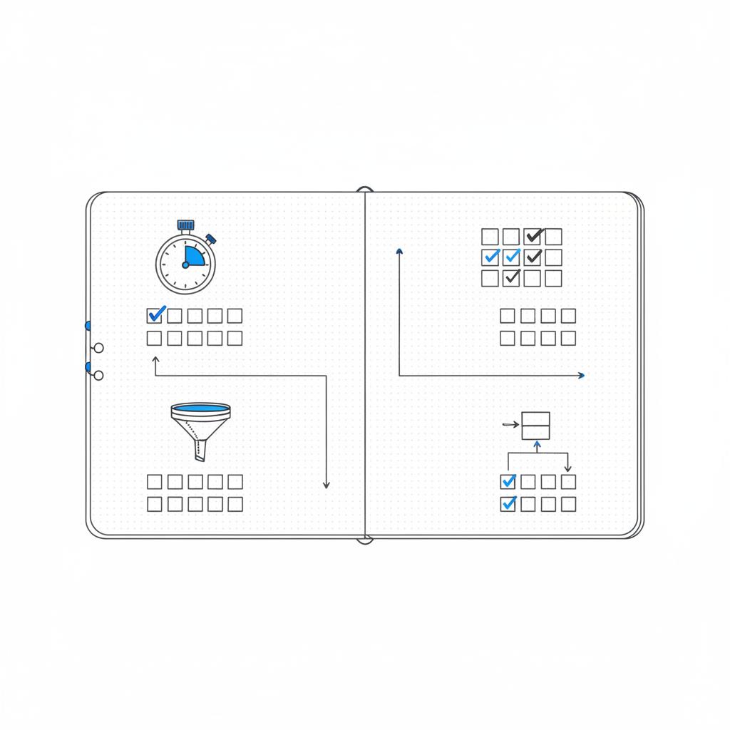 Minimal 2D vector overhead notebook page showing icons (stopwatch, funnel, checklist, routing flow) and checkbox modules illustrating common lead generation mistakes.