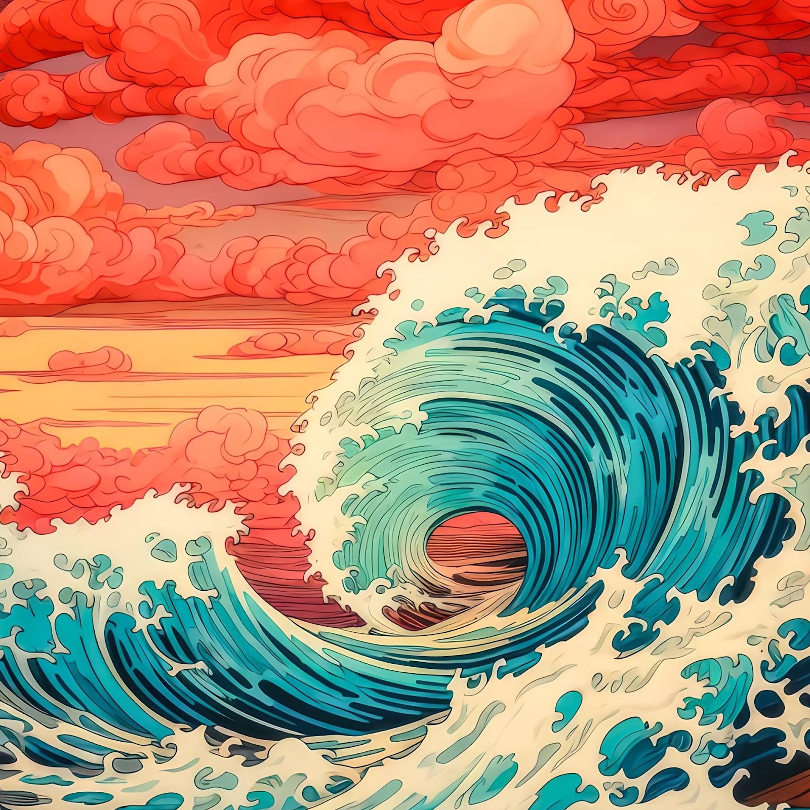Download Stylized Ocean Waves At Sunset 2K iPhone