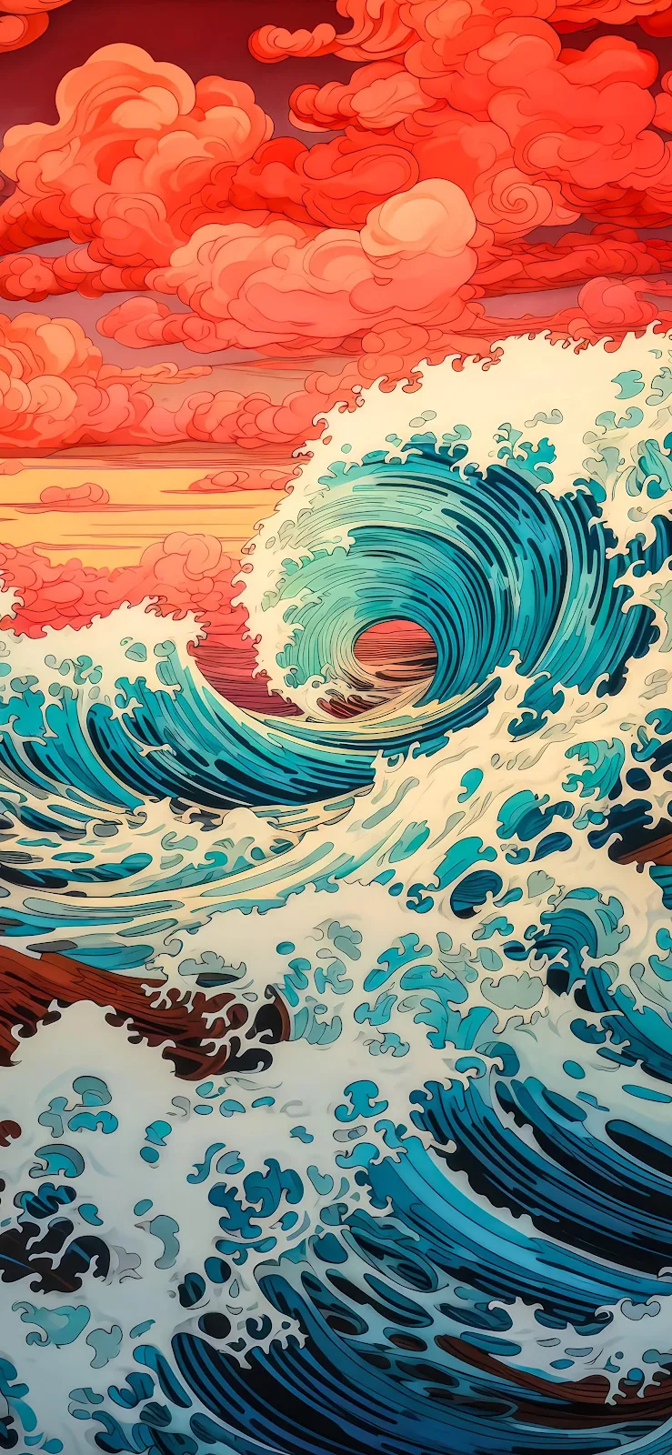 Stylized Ocean Waves At Sunset - Digital Illustration 2K iPhone Wallpaper (1890x4094)