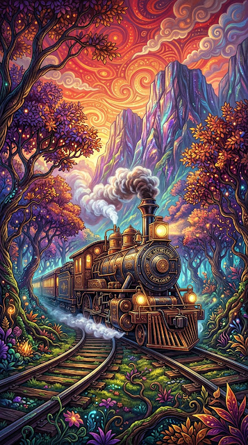 Ancient Steam Locomotive in a Lush Fantastical Forest with Purple Leaves - Free mobile Wallpaper