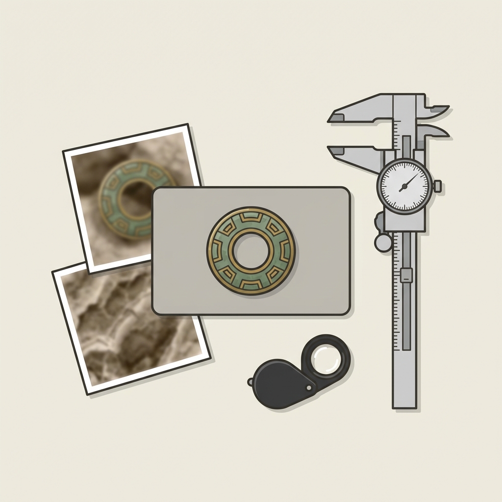 Top down vector illustration of an ancient jade ring beside a caliper loupe and two photo prints forming a minimalist documentation kit on a soft beige background