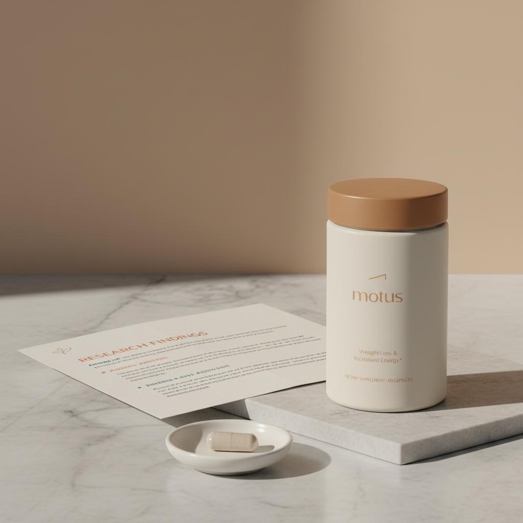 Tonum Motus bottle on a light gray marble counter beside an open research fact sheet with subtle Tonum brand-color accents and a porcelain dish holding a single capsule, oral semaglutide