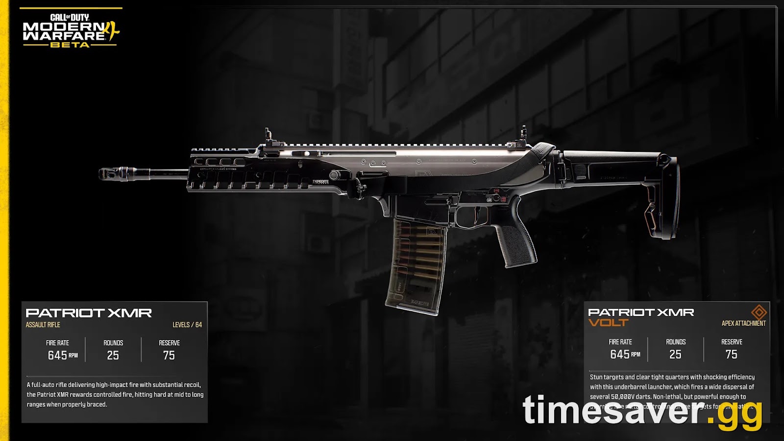 Modern Warfare 4 Patriot XMR assault rifle weapon showcase with attachment and stat details