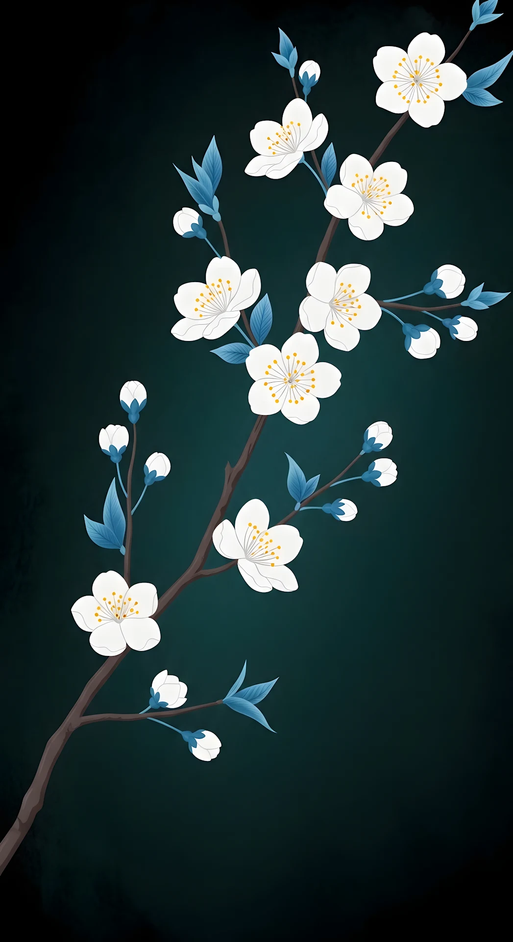 Minimalist Cherry Blossom Branch Dark Teal Background - Free 4K mobile Wallpaper
