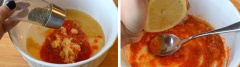 Pha hỗn hợp ướp: Cho 1 muỗng canh mật ong, 1 muỗng canh tương ớt, 1 muỗng canh dầu mè, 1 muỗng cà phê tỏi băm, chanh vắt lấy nước cốt chanh, 1/2 muỗng cà phê muối, 1/2 muỗng cà phê tiêu vào chén, khuấy đều.