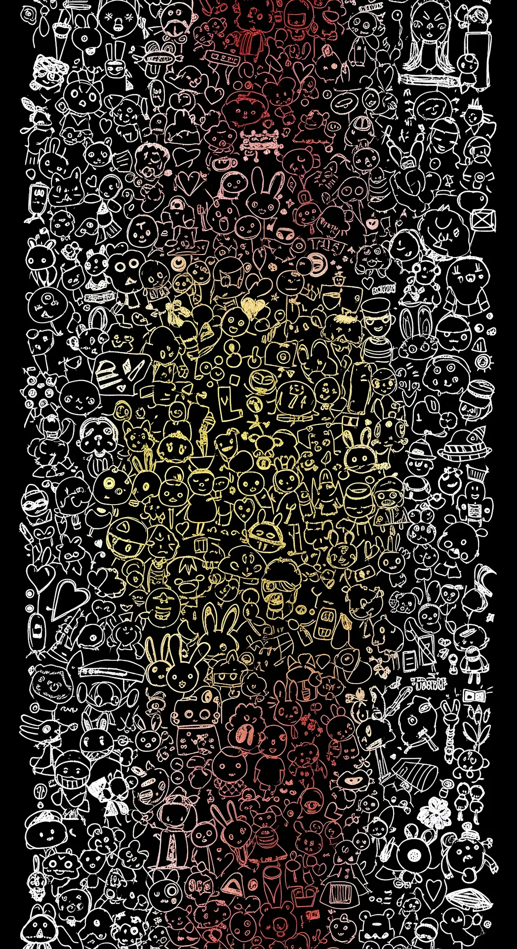 Chaotic White and Color Fan Art Doodle Collage on a Black Background - Free 4K mobile Wallpaper