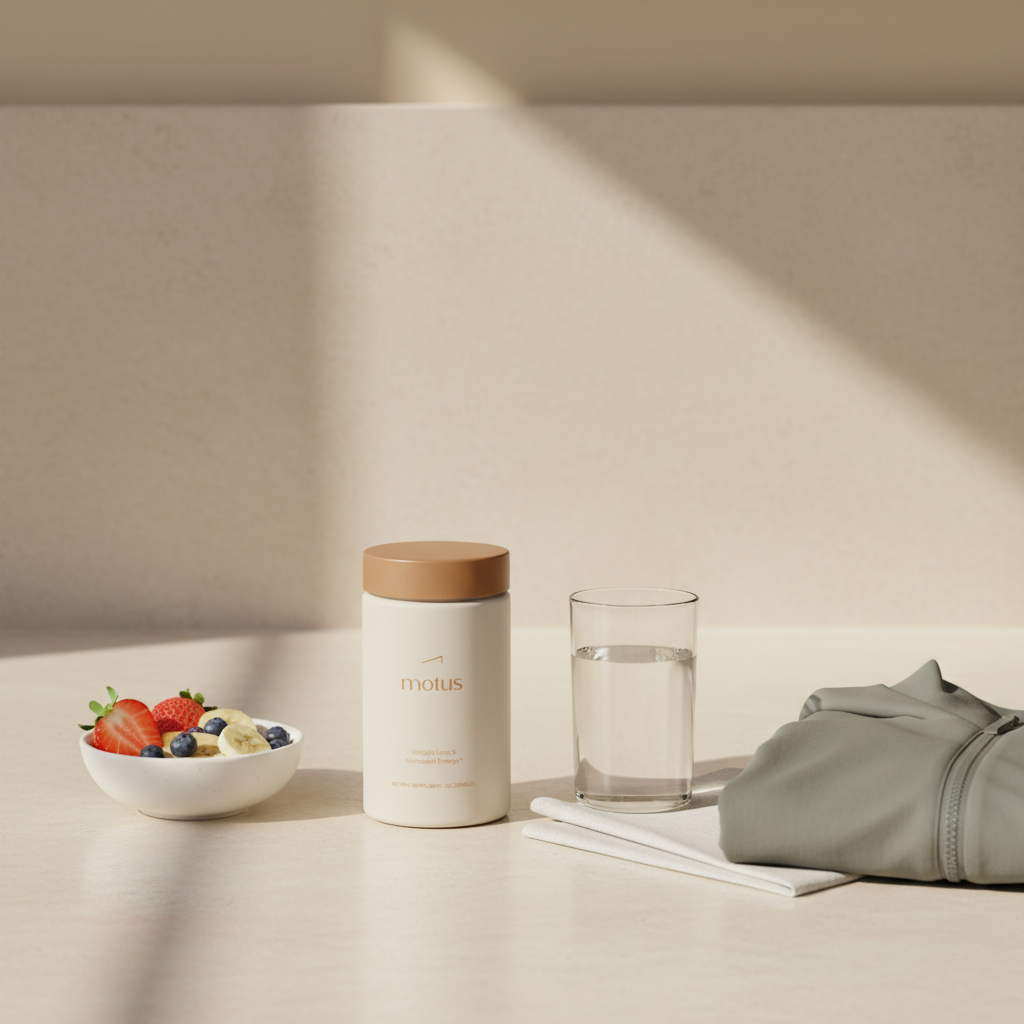 Tonum Motus jar beside a fruit bowl, glass of water and folded walking jacket on a neutral kitchen counter in morning light — visual for four holistic needs