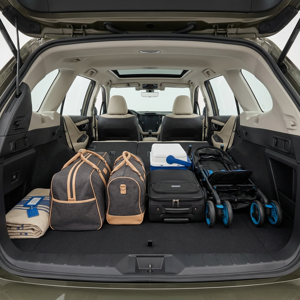 Rear cargo area of Subaru Outback with folded seats and a family weekend load showing spacious trunk dealer subaru near me