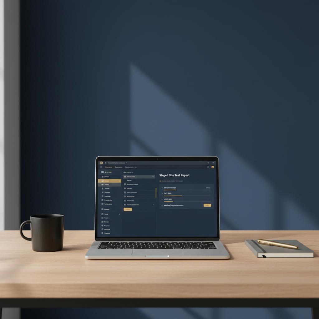 Minimalist developer desk with laptop showing WordPress admin and staged site test report, deep blue background and gold accents &mdash; is all in one seo any good?