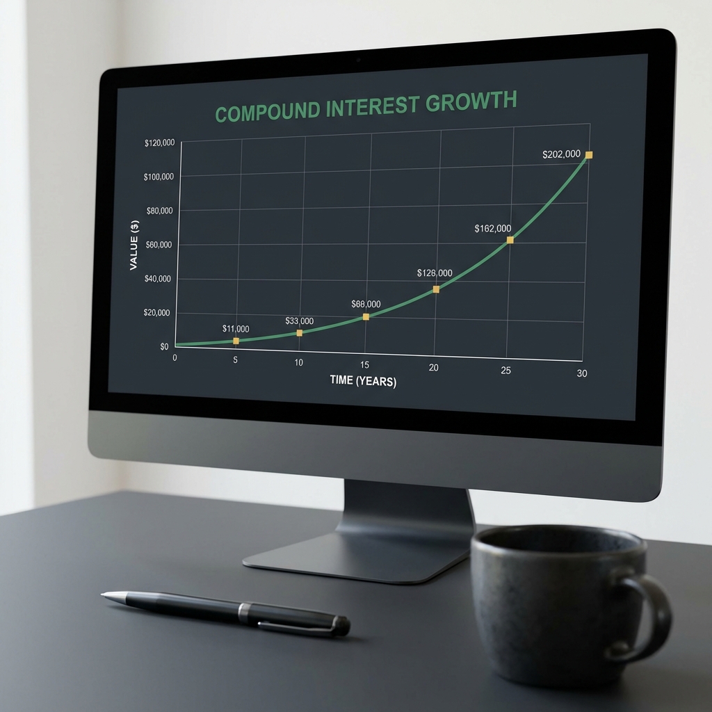 Close up of a compound interest chart on a dark screen with pen and coffee nearby illustrating how to start an investment fund in Finance Police brand colors