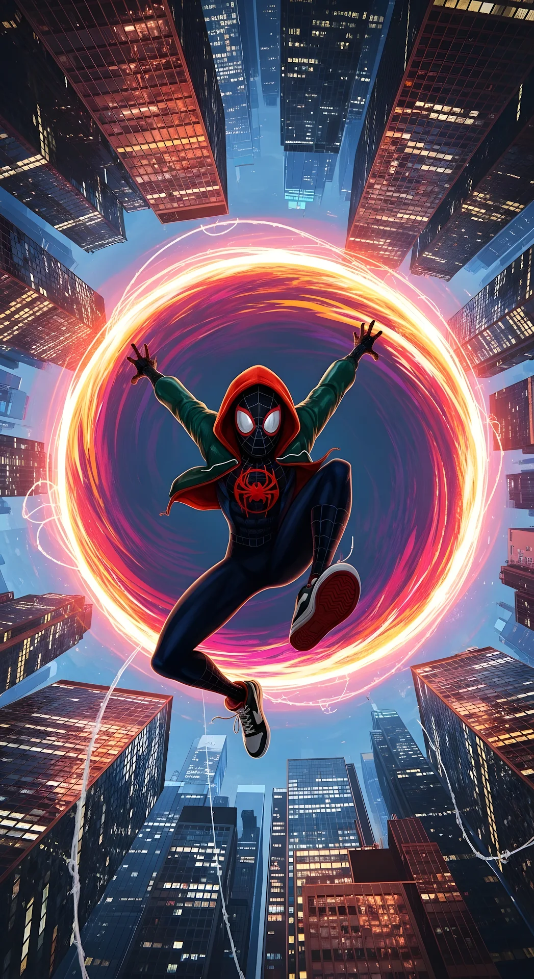 Superhero Mid-Air with Glowing Portal in Metropolis - Free 4K mobile Wallpaper