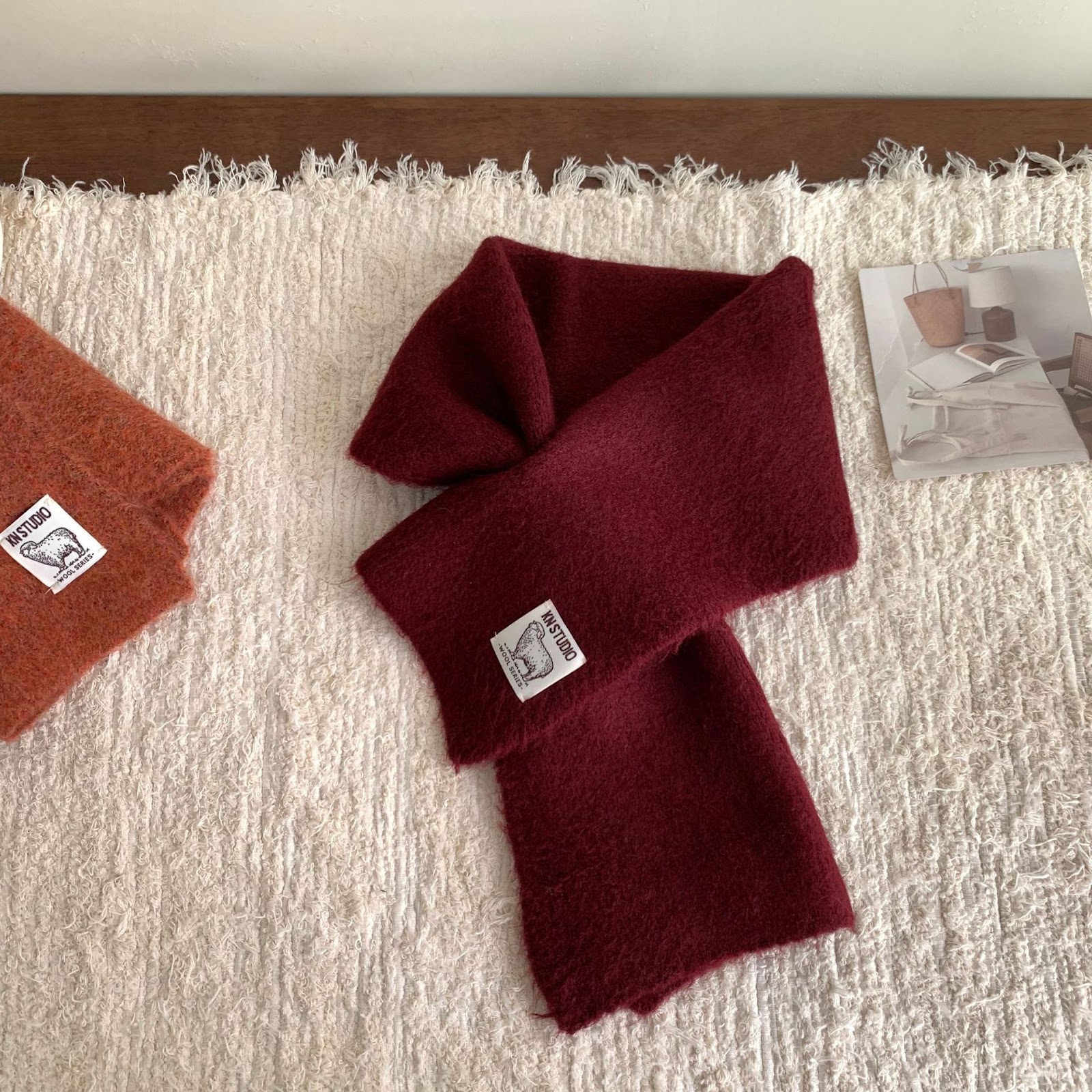 Short knitted scarf with slit, alpaca wool blend