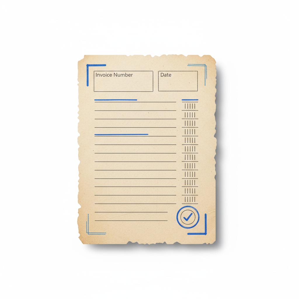 Minimal hand-drawn notebook sketch of a digital invoice layout with boxes for invoice number, date, itemized charges and an approval stamp &mdash; pay for X ads