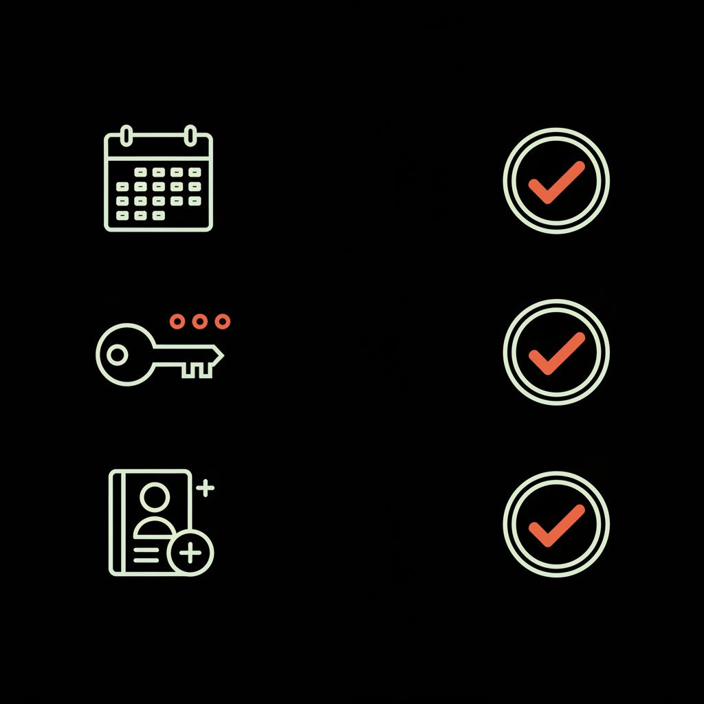 Minimal vector checklist infographic showing icons for create date, backup codes and recovery contacts illustrating Gmail account recovery info on black background using Social Success Hub palette.