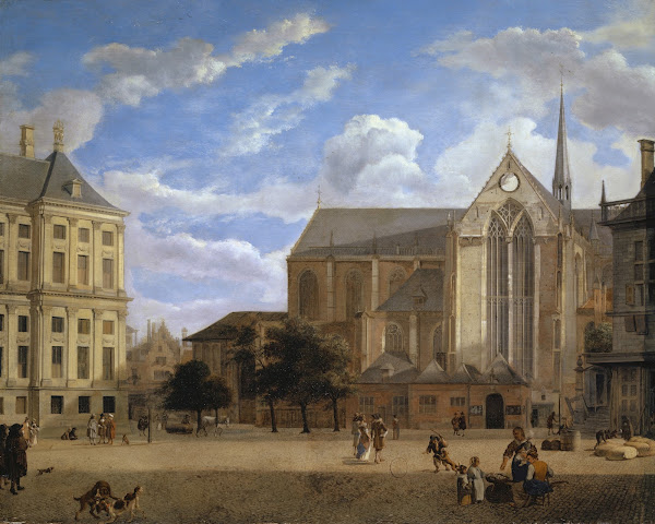 The Dam in Amsterdam towards the Townhall and Nieuwe Kerk 1670