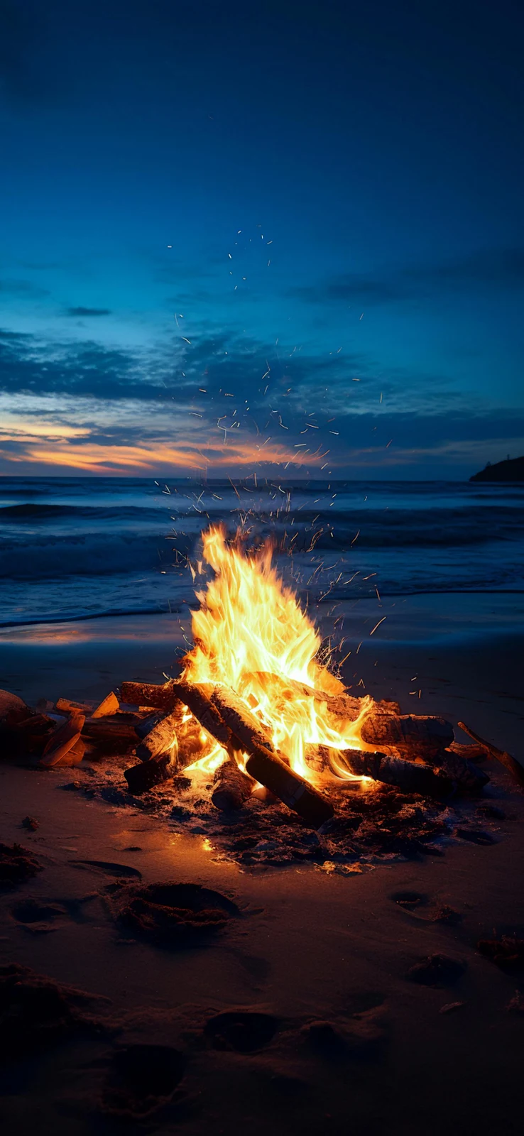 Beach Bonfire Under Dusk Sky - Nature Photography 2K iPhone Wallpaper (1440x3120)