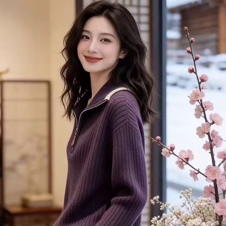 Fashionable knit pullover with stand-up collar