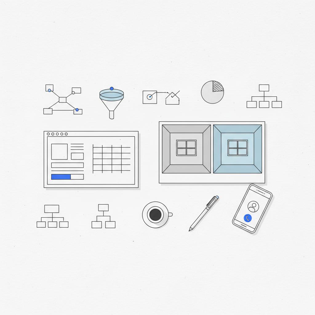 Minimalist 2D vector overhead mockup showing a landing-page wireframe beside a before-and-after printed photo of a painted room, a smartphone call screen, pen, and coffee focused on painting business ads