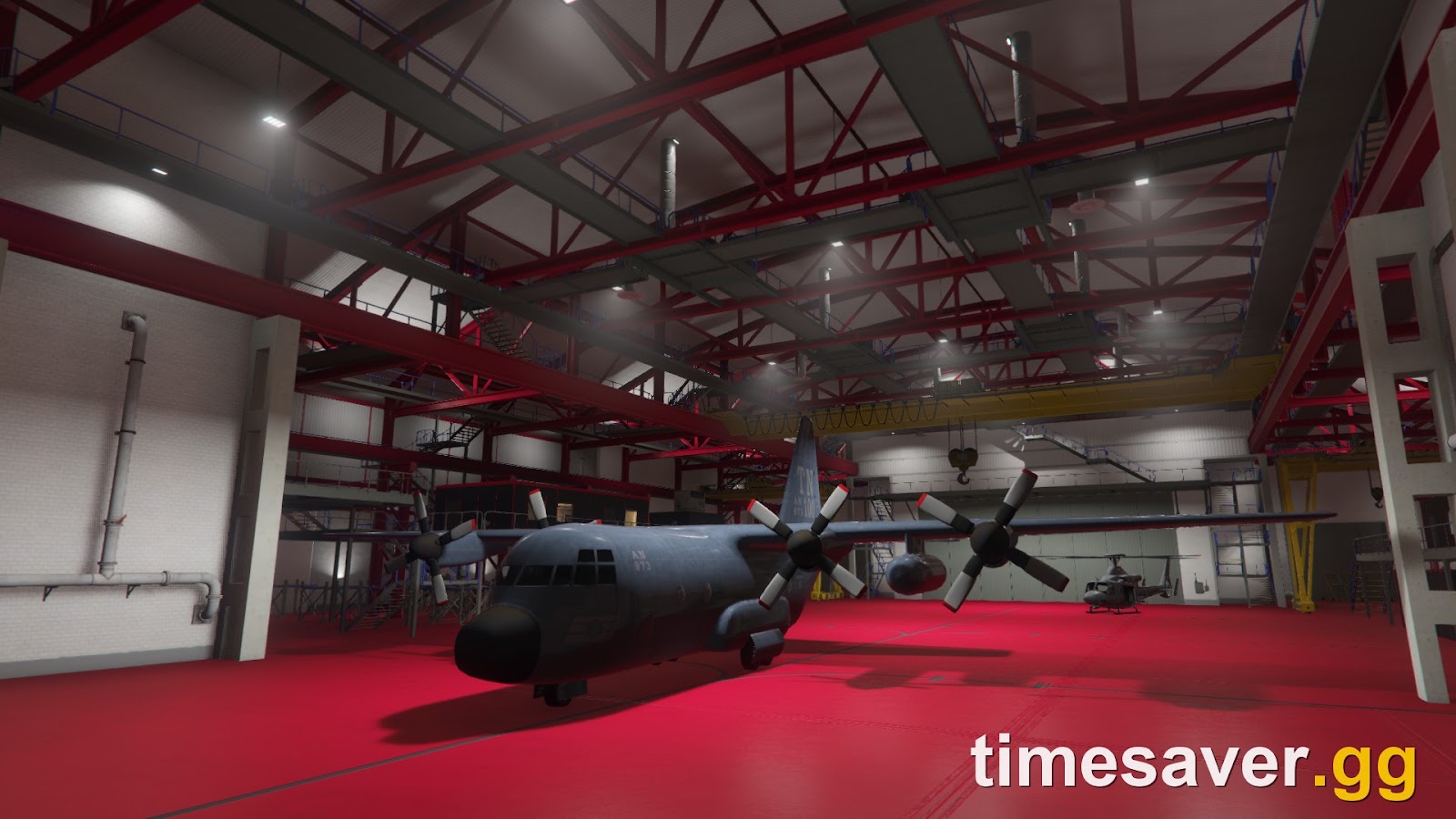 GTA Online Hangar interior with a large cargo aircraft and overhead cranes