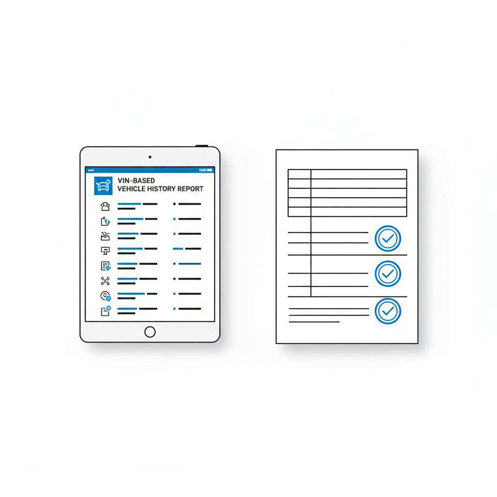 Split 2D vector of a tablet showing a VIN based vehicle history report beside a printed maintenance log with service stamps used honda accord for sale