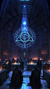 Occult Ritual Chamber with Glowing Blue Eye Symbol and Figures