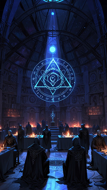 Occult Ritual Chamber with Glowing Blue Eye Symbol and Figures - Free mobile Wallpaper