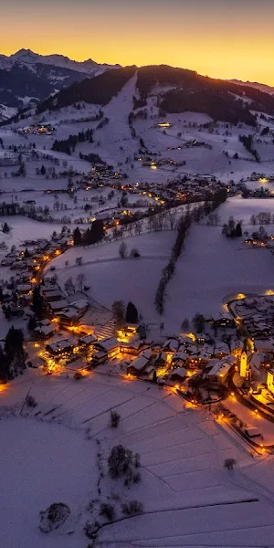 Winter Landscape, Aerial View, Mountain Village, Snow Covered 5K Wallpaper Background
