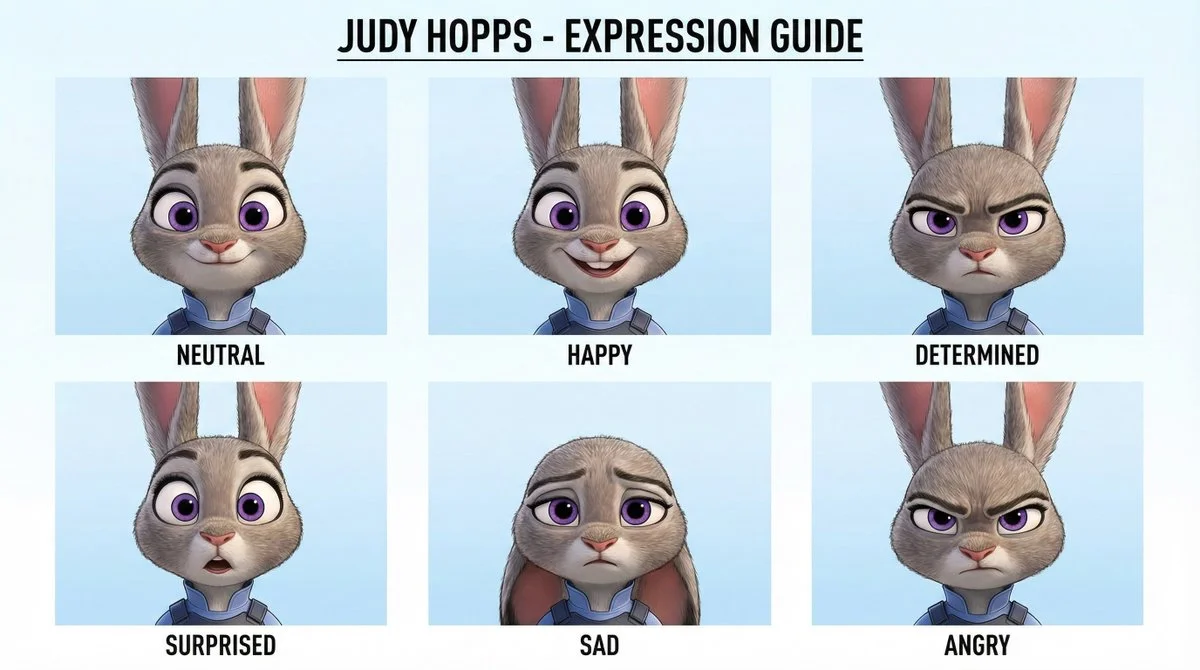 Crea una imagen de guía de estilo de expresión de diseño de personajes con una relación de aspecto de 16:9.