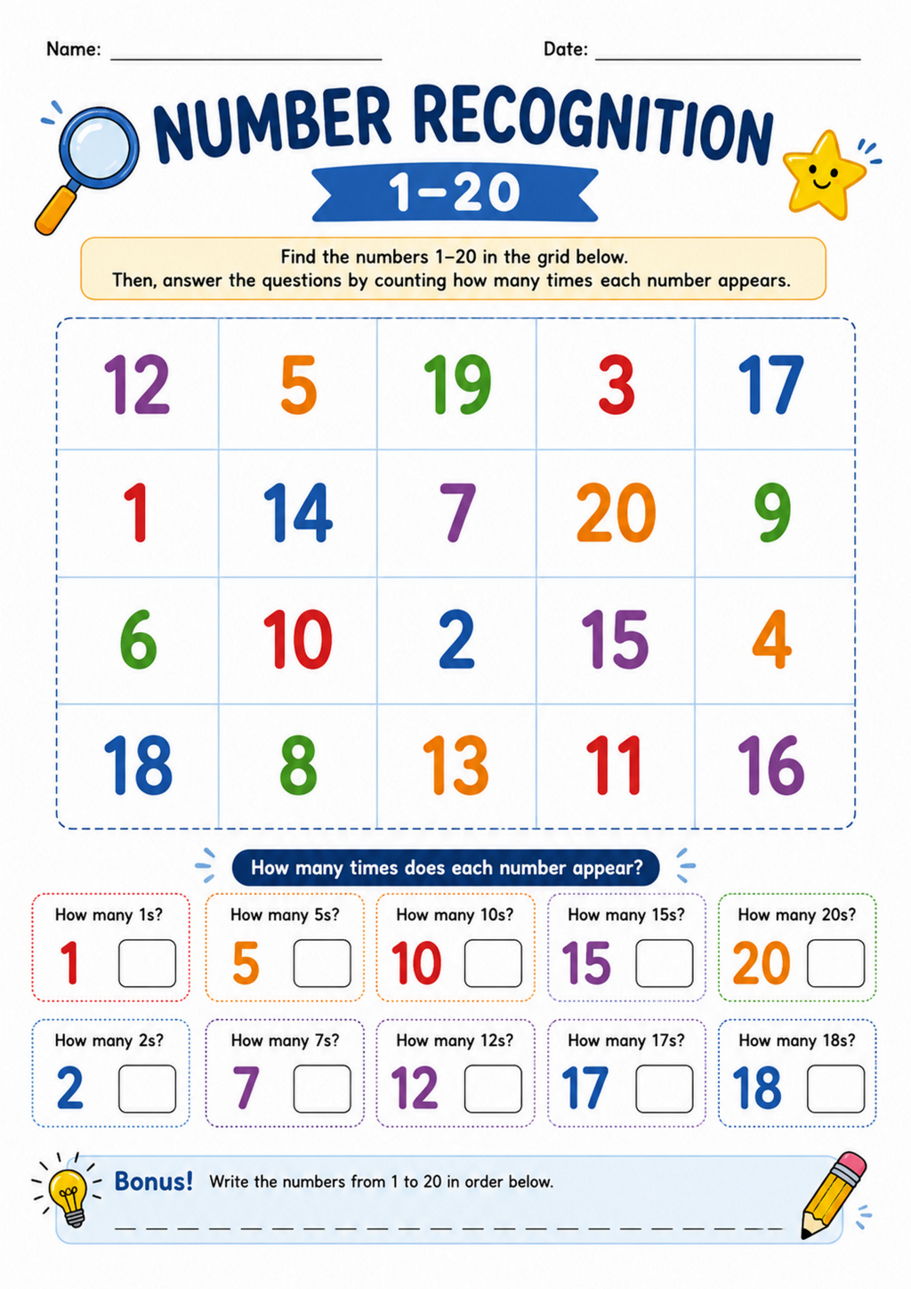 Number Recognition 1-20 Worksheet