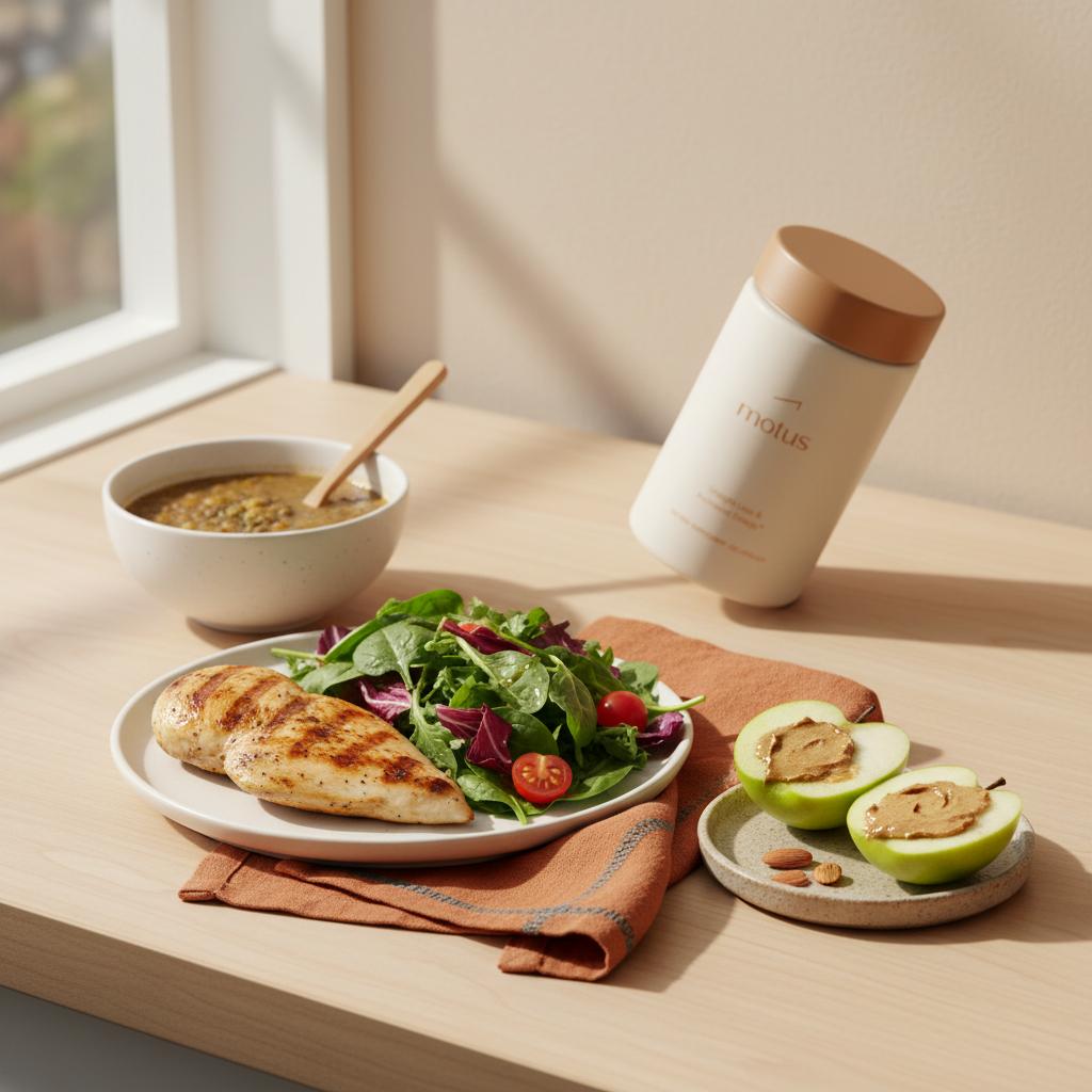 Minimalist kitchen lunch with grilled chicken, colorful salad, lentil soup, apple with almond butter and a Tonum Motus bottle in the background — what food makes you feel full