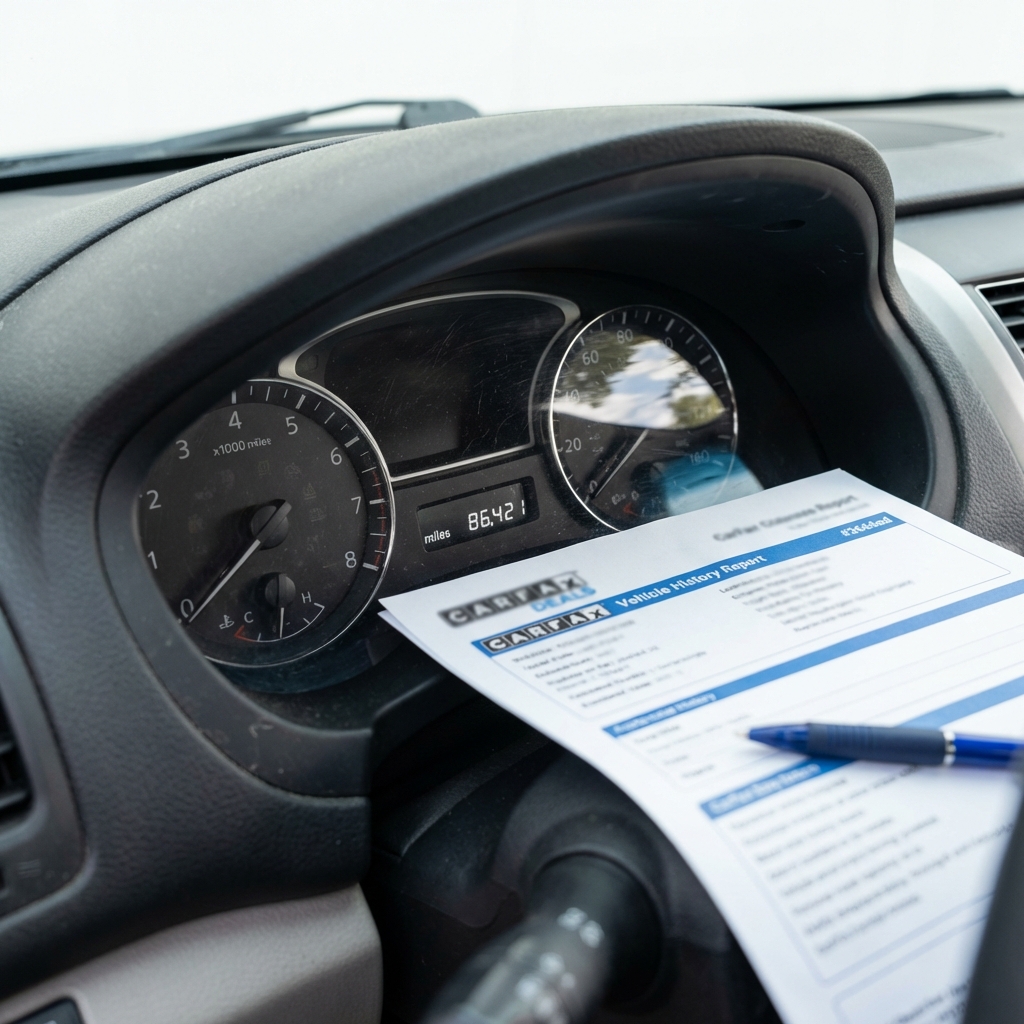 Close up of a used car dashboard and odometer with a printed vehicle history report and pen beside it for cheap cars for sale