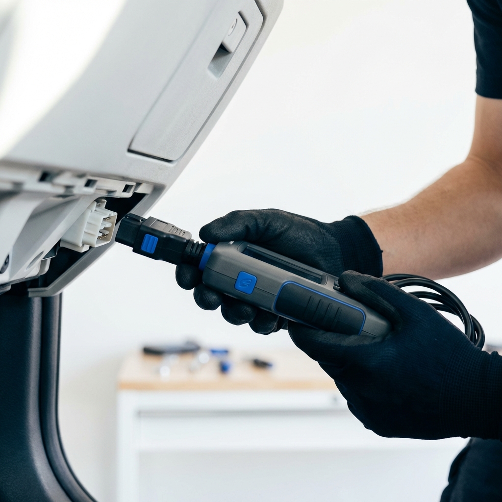 Technician scanning a car OBD II port with handheld diagnostic tool in clean white garage with CarFax Deals blue accents used chargers near me