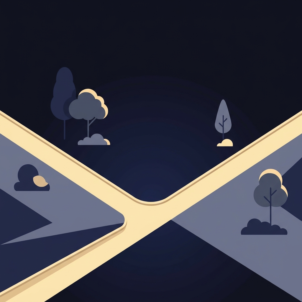 Minimalist 2D vector of two diverging park paths suggesting privacy boundaries in Funded Plays palette for flamingo sports book