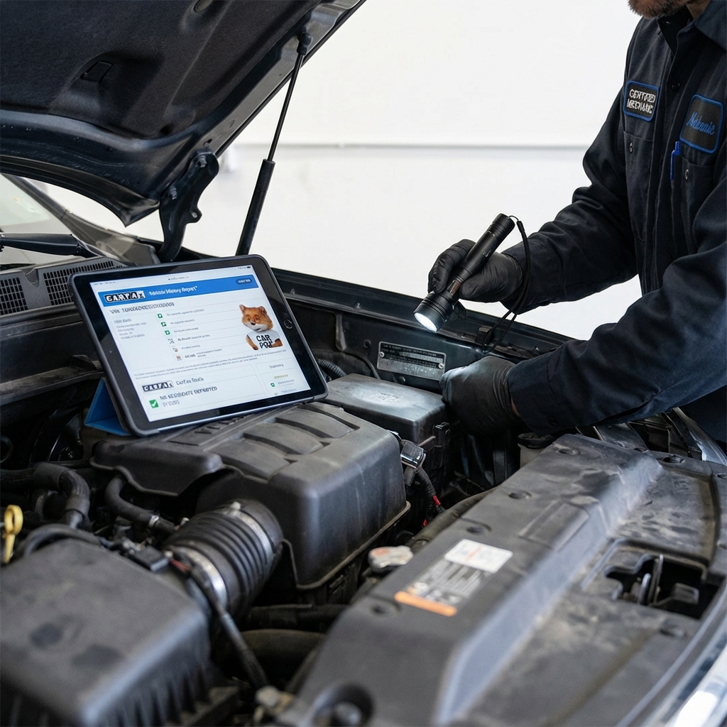 Mechanic inspecting a used third row suv for sale engine bay with a tablet showing a VIN report close up natural light CarFax Deals blue accents