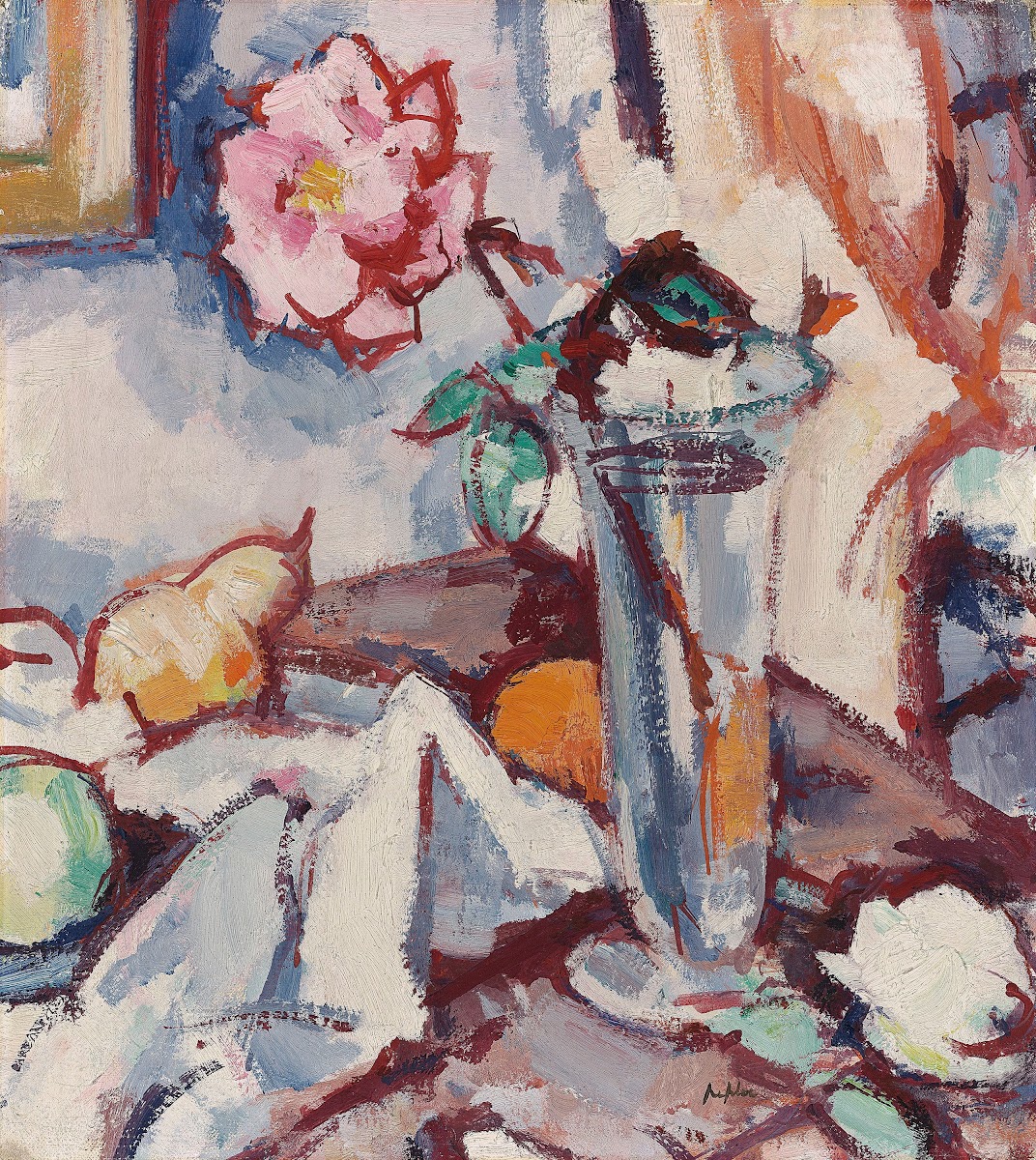 Pink rose in a glass vase with fruit circa 1925