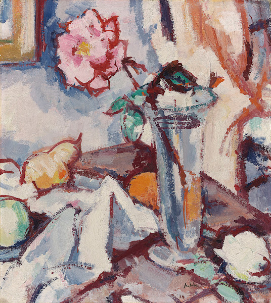 Pink rose in a glass vase with fruit circa 1925