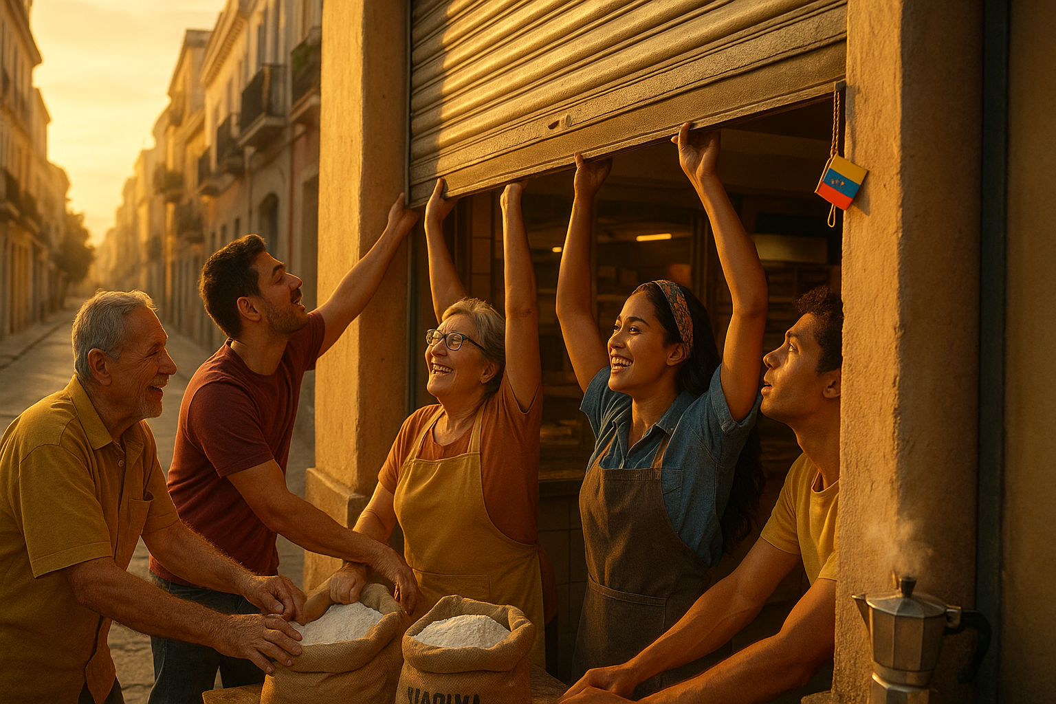 Venezolanos levantando la santamaría de un local de barrio al amanecer