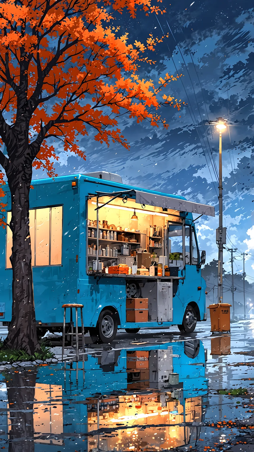 Blue Food Truck Reflection in Rainy Autumn Street Art - Free 4K mobile Wallpaper